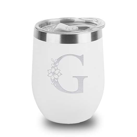 Floral Monogram Letter Initial Engraved Insulated Stainless Steel Wine Tumbler with Lid 12 oz.