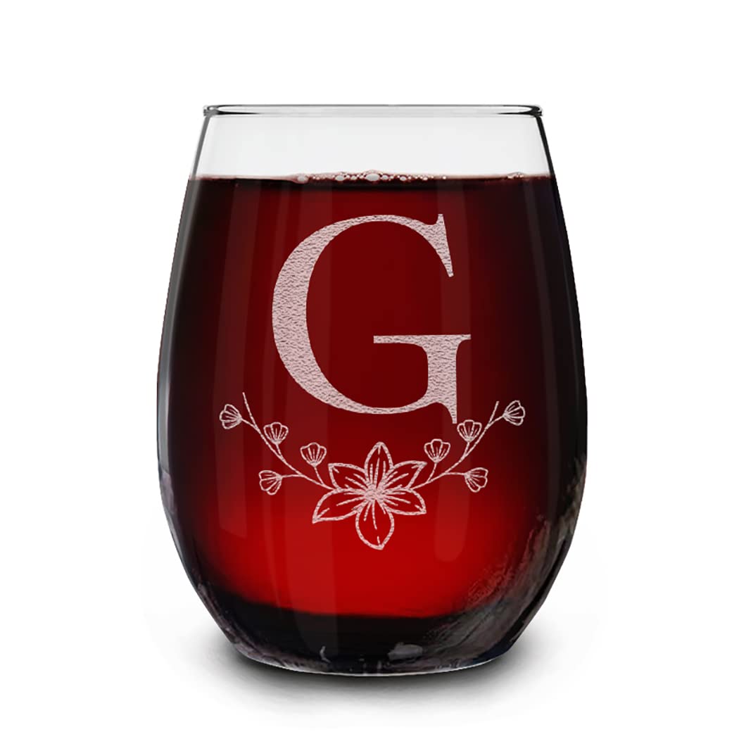 Floral Monogram Engraved Initial Letter Stemless Wine Glass 15 oz.