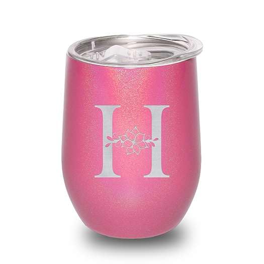 Dazzling Pink Sparkle Floral Monogram Tumbler – 12oz Personalized Initial Engraved Wine Cup