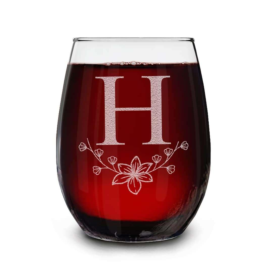 Floral Monogram Engraved Initial Letter Stemless Wine Glass 15 oz.