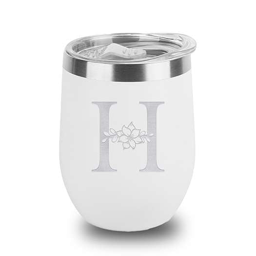 Floral Monogram Letter Initial Engraved Insulated Stainless Steel Wine Tumbler with Lid 12 oz.