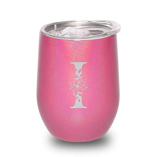 Dazzling Pink Sparkle Floral Monogram Tumbler – 12oz Personalized Initial Engraved Wine Cup