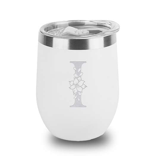 Floral Monogram Letter Initial Engraved Insulated Stainless Steel Wine Tumbler with Lid 12 oz.