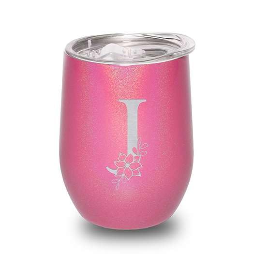 Dazzling Pink Sparkle Floral Monogram Tumbler – 12oz Personalized Initial Engraved Wine Cup