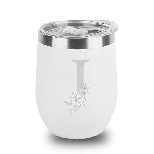 Floral Monogram Letter Initial Engraved Insulated Stainless Steel Wine Tumbler with Lid 12 oz.