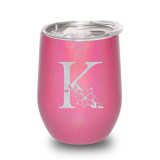 Dazzling Pink Sparkle Floral Monogram Tumbler – 12oz Personalized Initial Engraved Wine Cup