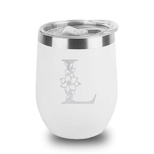 Floral Monogram Letter Initial Engraved Insulated Stainless Steel Wine Tumbler with Lid 12 oz.