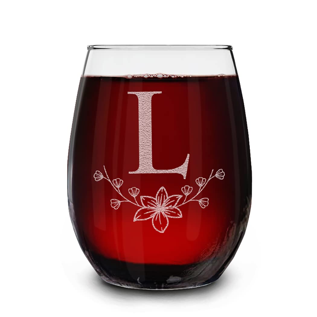 Floral Monogram Engraved Initial Letter Stemless Wine Glass 15 oz.