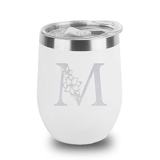 Floral Monogram Letter Initial Engraved Insulated Stainless Steel Wine Tumbler with Lid 12 oz.
