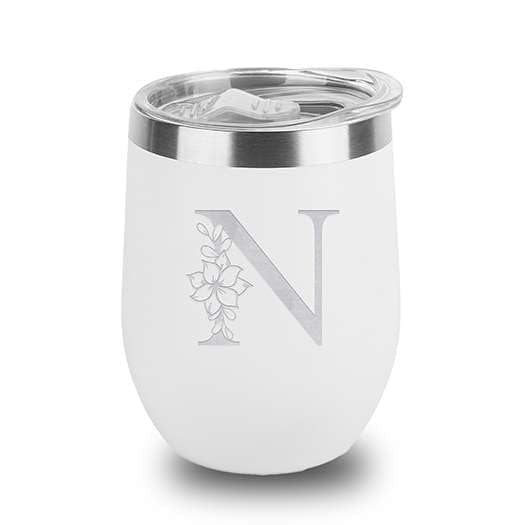 Floral Monogram Letter Initial Engraved Insulated Stainless Steel Wine Tumbler with Lid 12 oz.