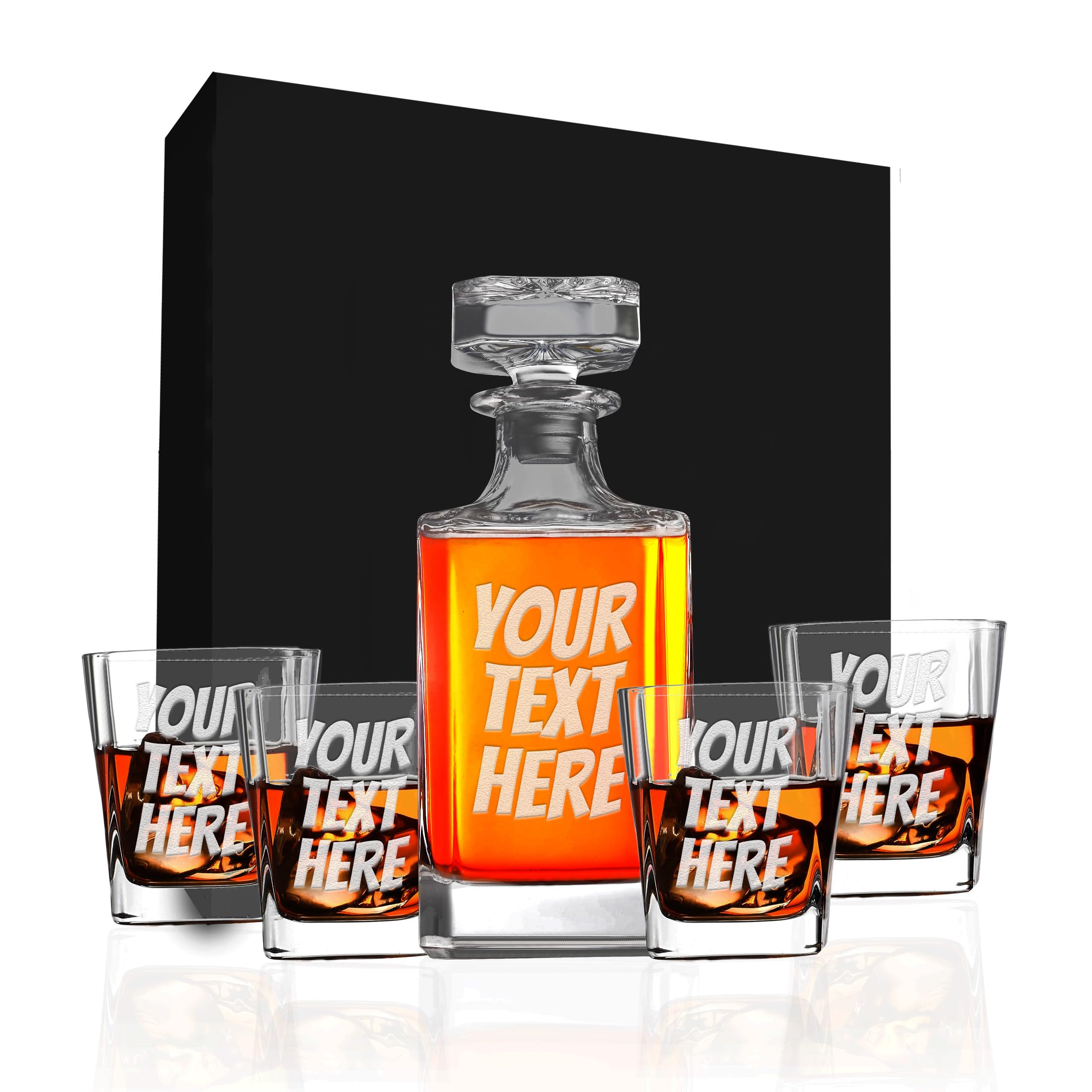 Custom Personalized Your Text Here Engraved Whiskey Decanter Set with 4 Glasses.