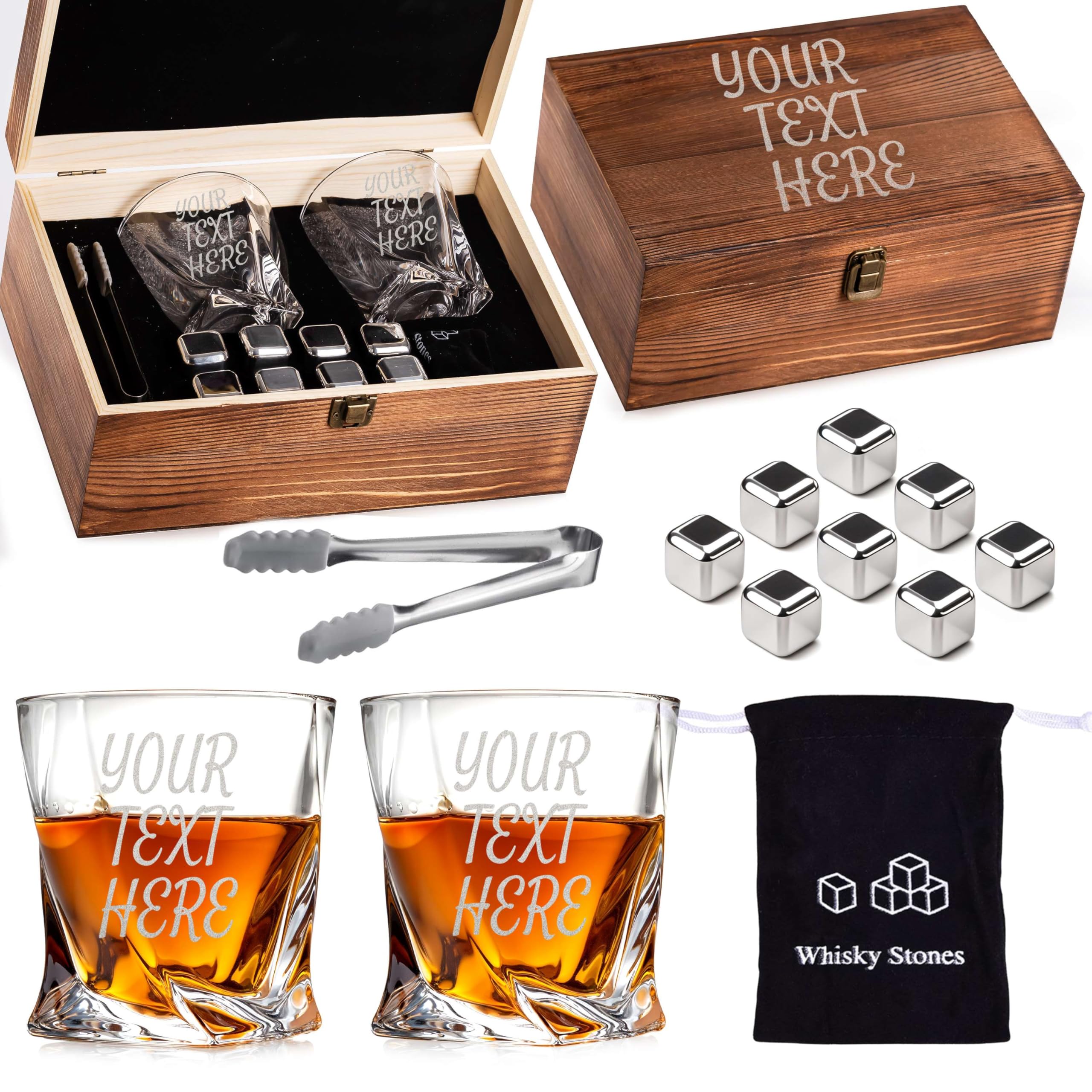 Custom Your Text and Logo Whiskey Gift Set of 2 Glasses, Tongs, & Stainless Steel Whiskey Stones – Personalized Premium Wood Box for Men Gift for Husband, Dad, or Him