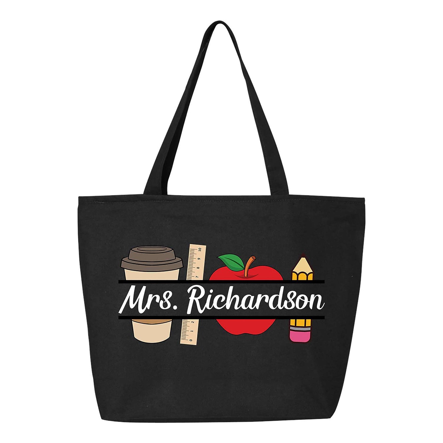 Custom Personalized Teacher Name Coffee Apple Heavy Canvas Tote with Zipper.