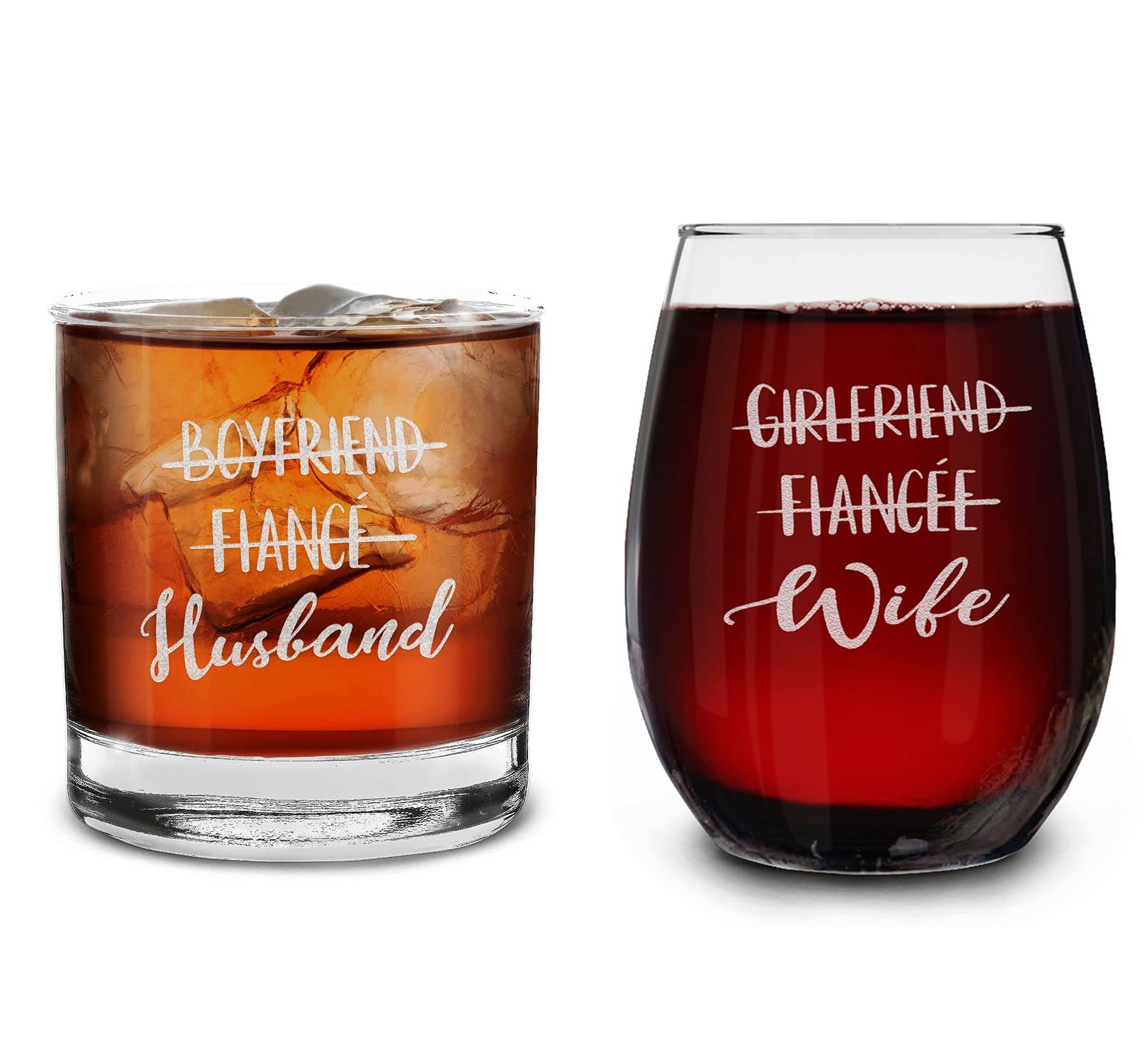 Boyfriend Fiance Husband Girlfriend Fiancee Wife Couples Gift Set Engraved Whiskey Glass and Stemless Wine Glass