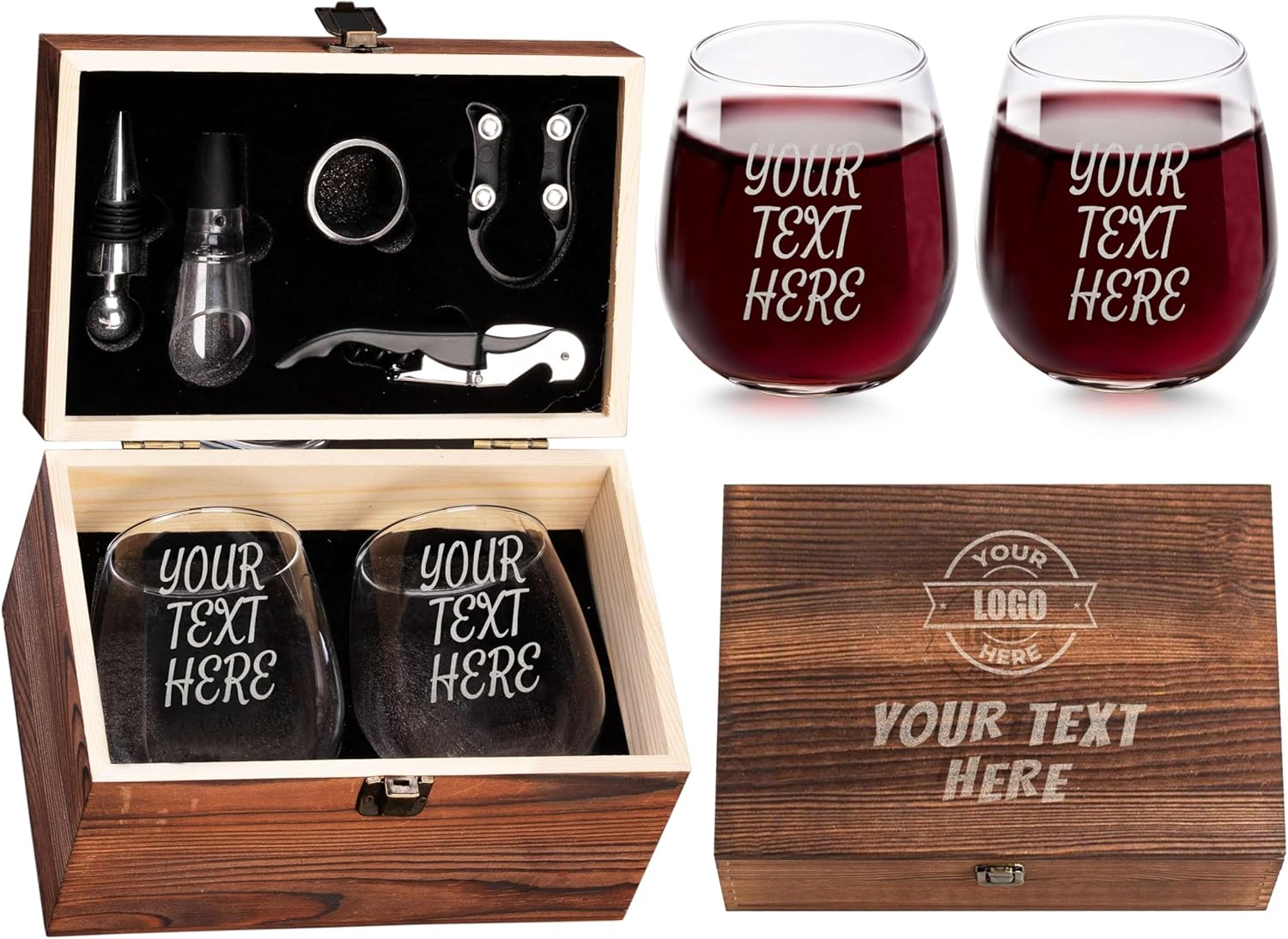 Custom Your Text or Logo Here Set of 2 Stemless Wine Glasses and Accessories with Engraved Wine Box Design Your Own Personalized Gift for Him Her Couples