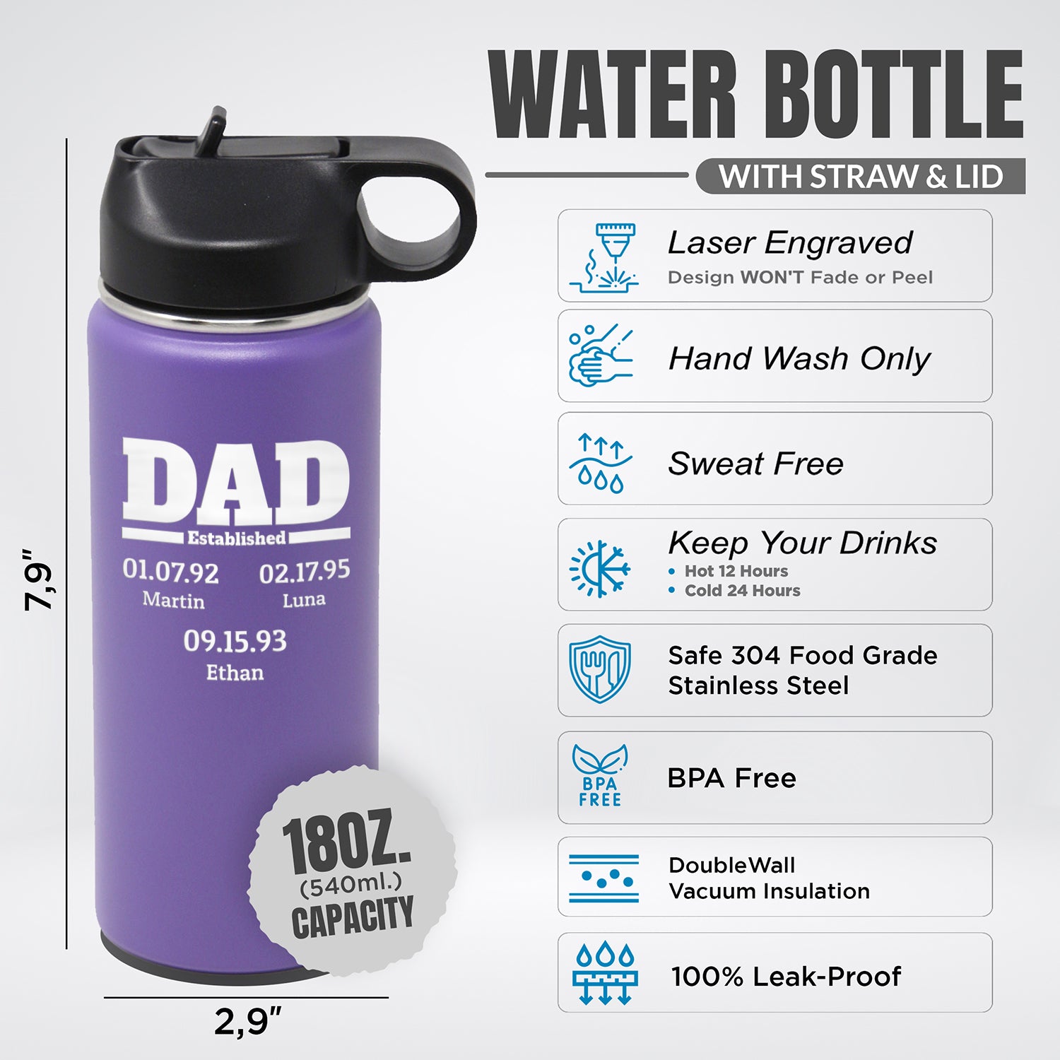 18oz Dad Established Water Bottle with Lid and Straw, Insulated Stainless Steel Sports Water Bottle Double Wall Vacuum Insulated Gift Cup