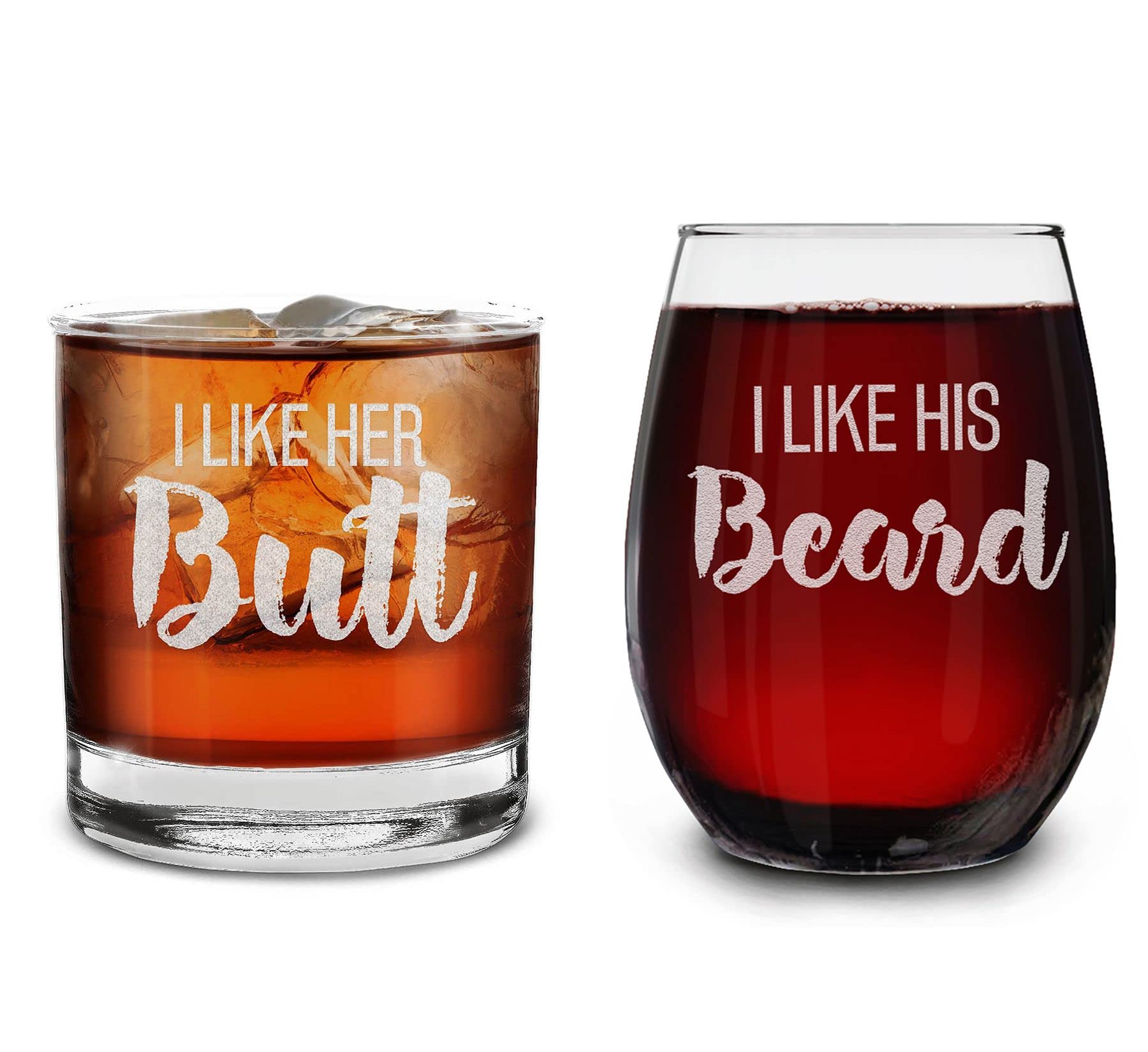 I Like Her Butt I Like His Beard Couples Gift Set Engraved Whiskey Glass and Stemless Wine Glass.