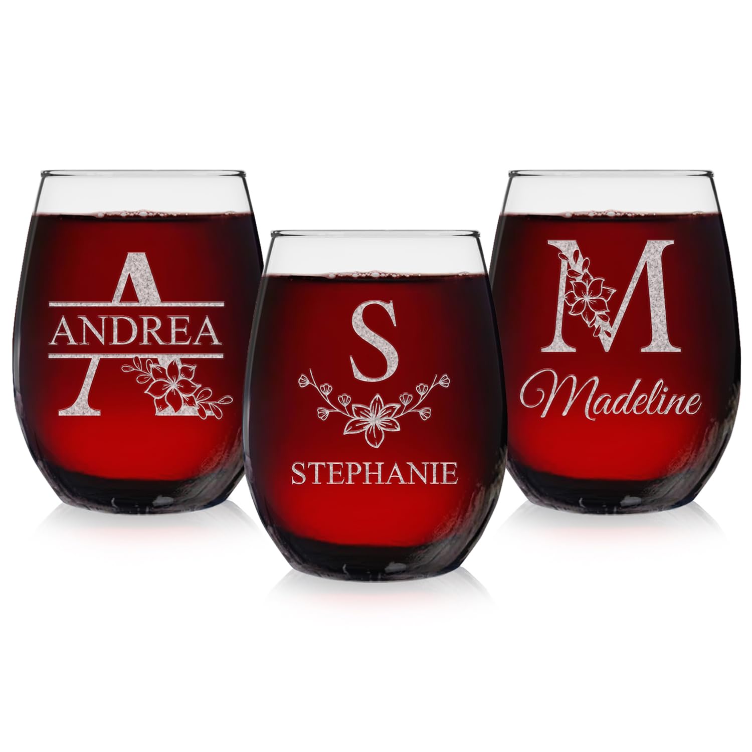 Custom Personalized Initial Name Floral Flower Inspired Monogram Laser Engraved Stemless Wine Glass 15 oz.