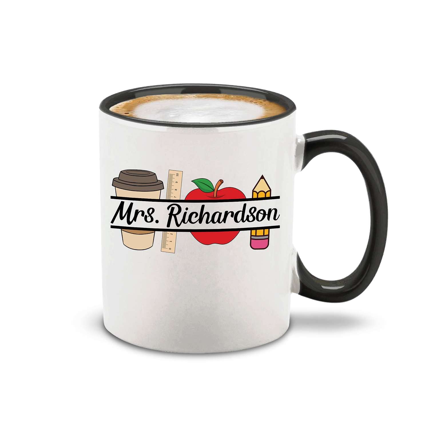 Custom Personalized Teacher Name Coffee Apple Ceramic Mug 11 oz. (Black Handle)