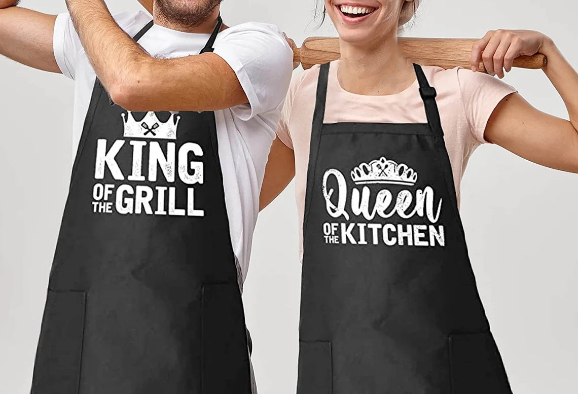 Funny Couples Matching Kitchen Chef Apron with Pockets and Adjustable Strap, His & Her