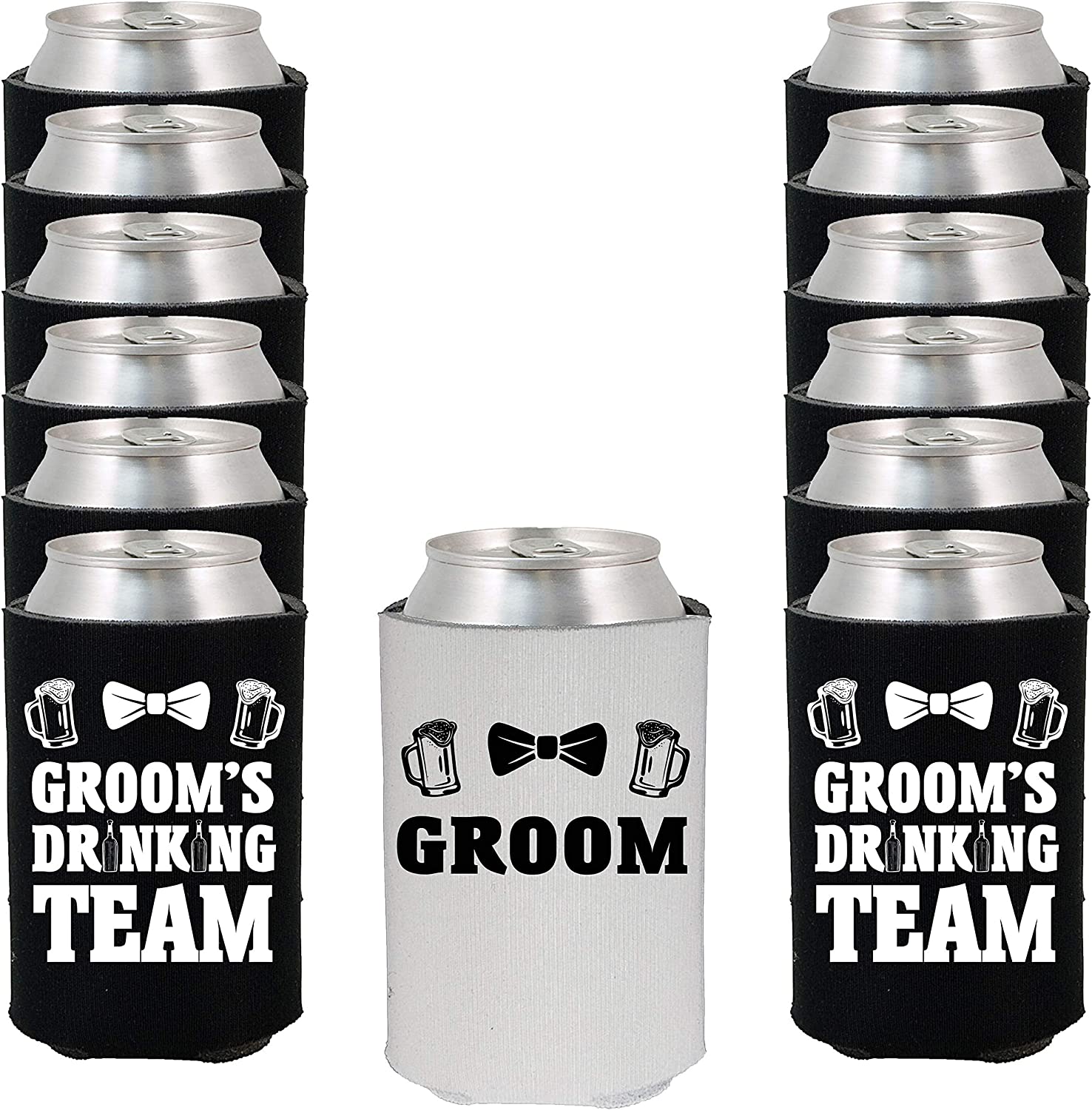 Groom Bow Tie and Groom’s Drinking Team Bow Tie Beer Mug Can Coolie, Insulating Sleeve Holder for Beverage Cups