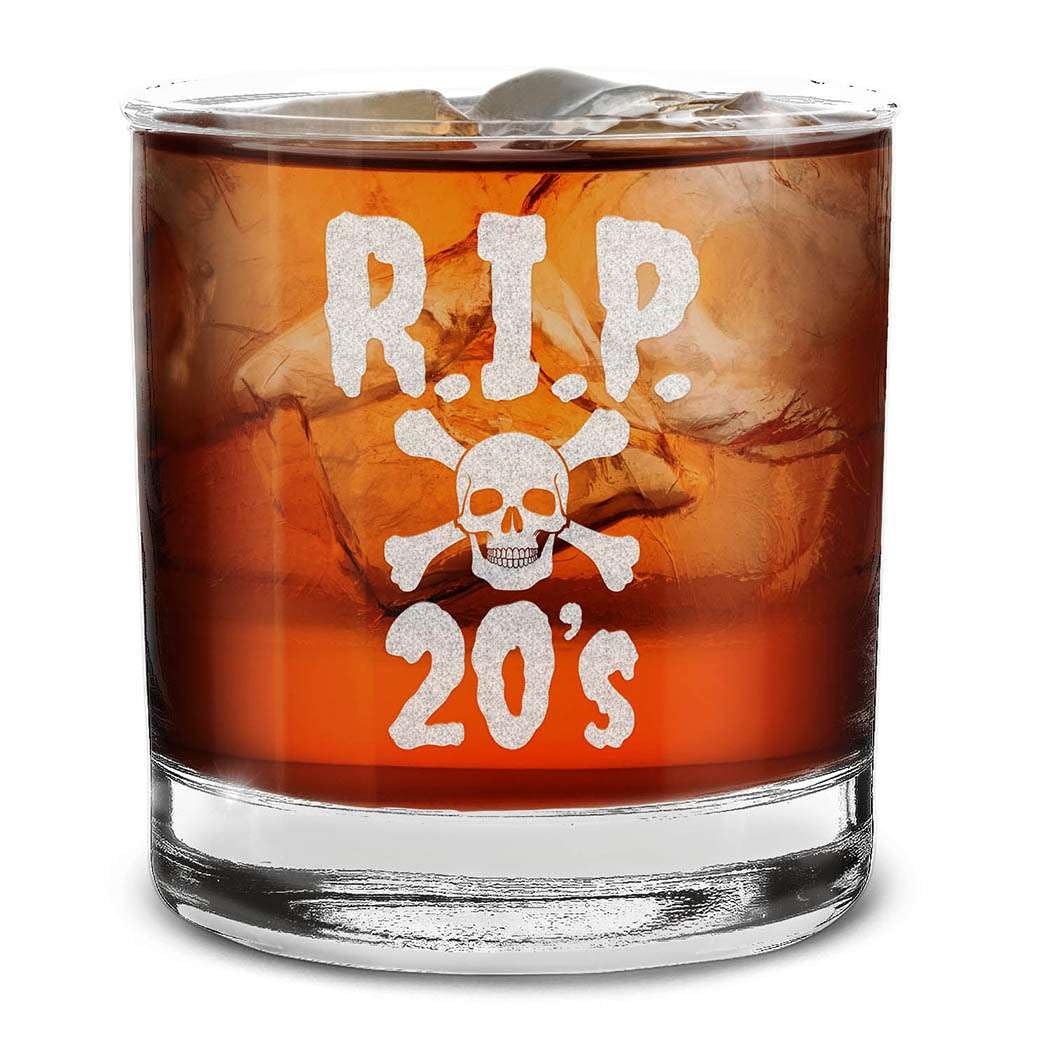 RIP 20's Skull 30 Year Old Thirty Engraved Whiskey Glass 11 oz.