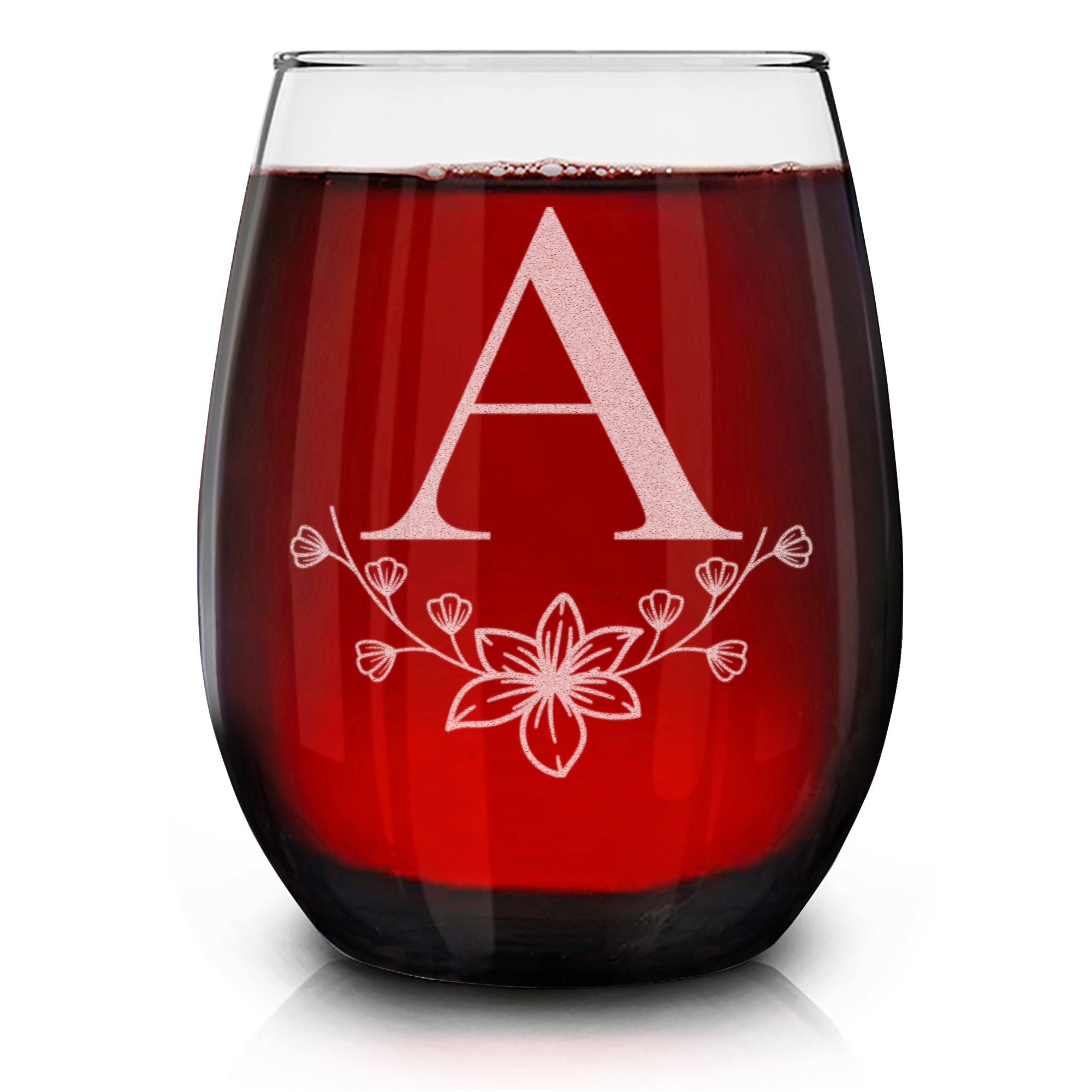 Floral Monogram Engraved Initial Letter Stemless Wine Glass 15 oz.