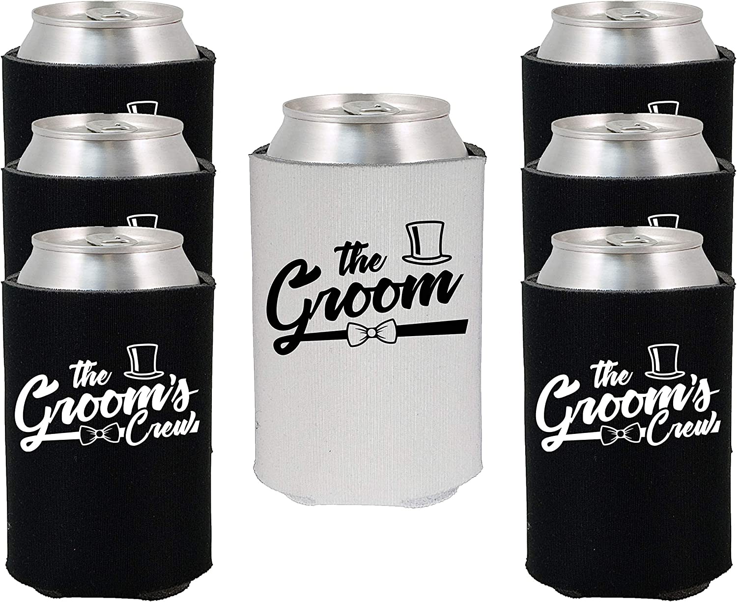 The Groom and The Groom’s Crew Bow Tie Top Hat Can Coolie, Insulating Sleeve Holder for Beverage Cups