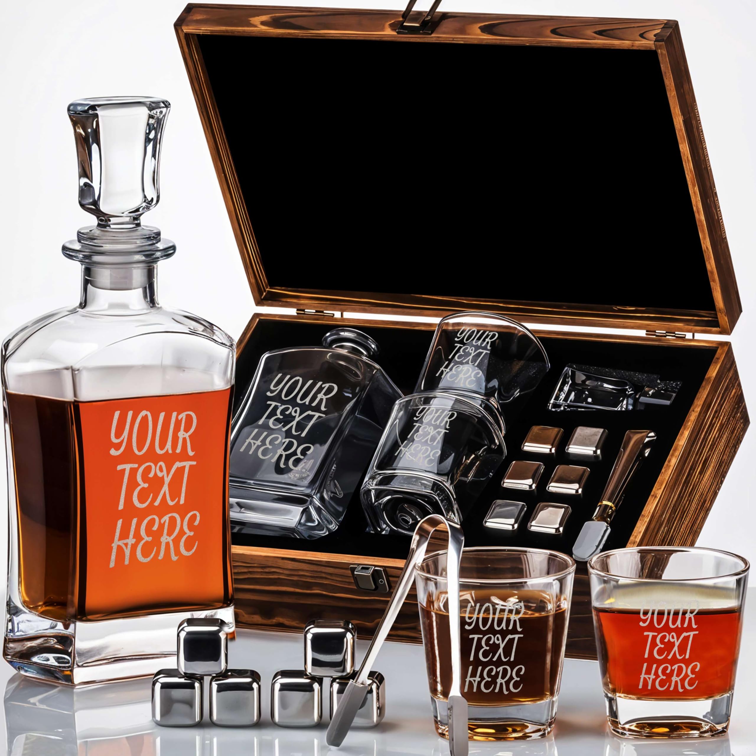 Custom Engraved Your Text Logo Whiskey Decanter Gift Set – 23 oz Liquor/Bourbon Decanter with Glasses, Whiskey Stones, Coasters & Tongs – Premium Whiskey Gift for Men, Husband, Dad, or Boyfriend