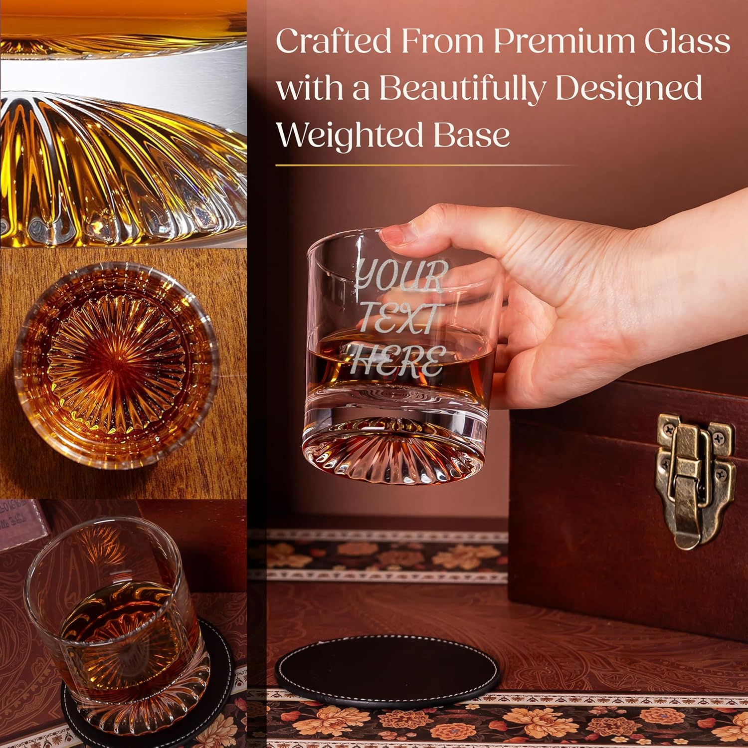 Custom Logo & Text Whiskey Gift Set – Includes Glass, Leather Coaster & Stainless Steel Whiskey Stones – Personalized Premium Wood Box for Men Gift for Husband, Dad, or Him