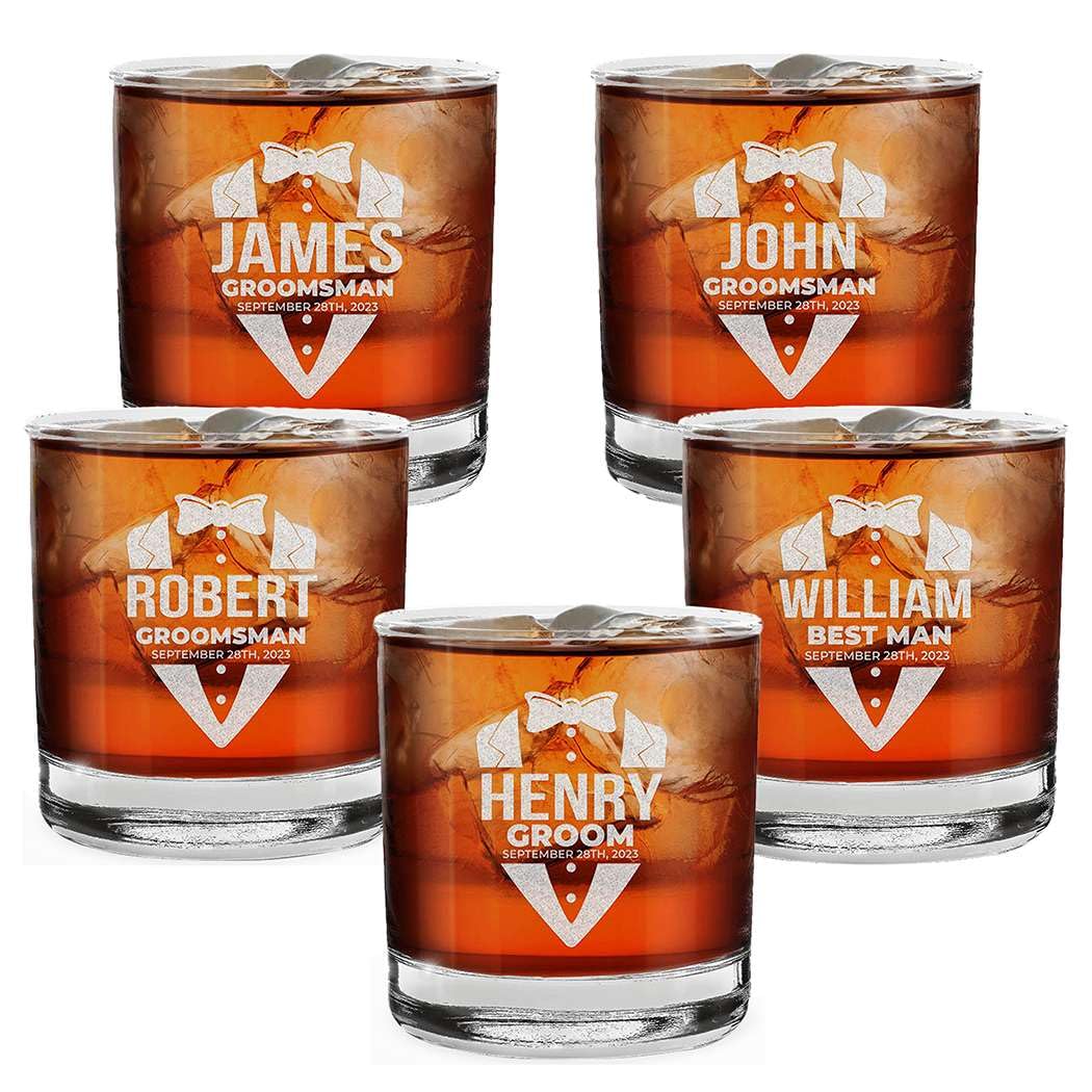 Custom Personalized Groom and Groomsmen Name Tuxedo Wedding Favors Engraved Whiskey Can Glasses 11 oz.