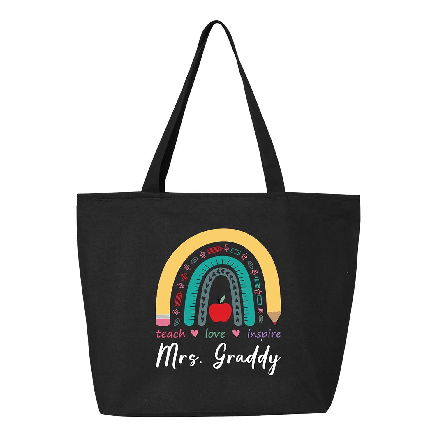 Custom Personalized Teacher Teach Love Inspire Rainbow Heavy Canvas Tote with Zipper.