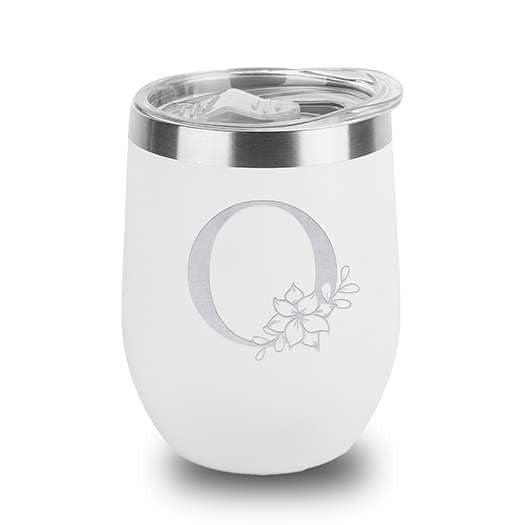 Floral Monogram Letter Initial Engraved Insulated Stainless Steel Wine Tumbler with Lid 12 oz.