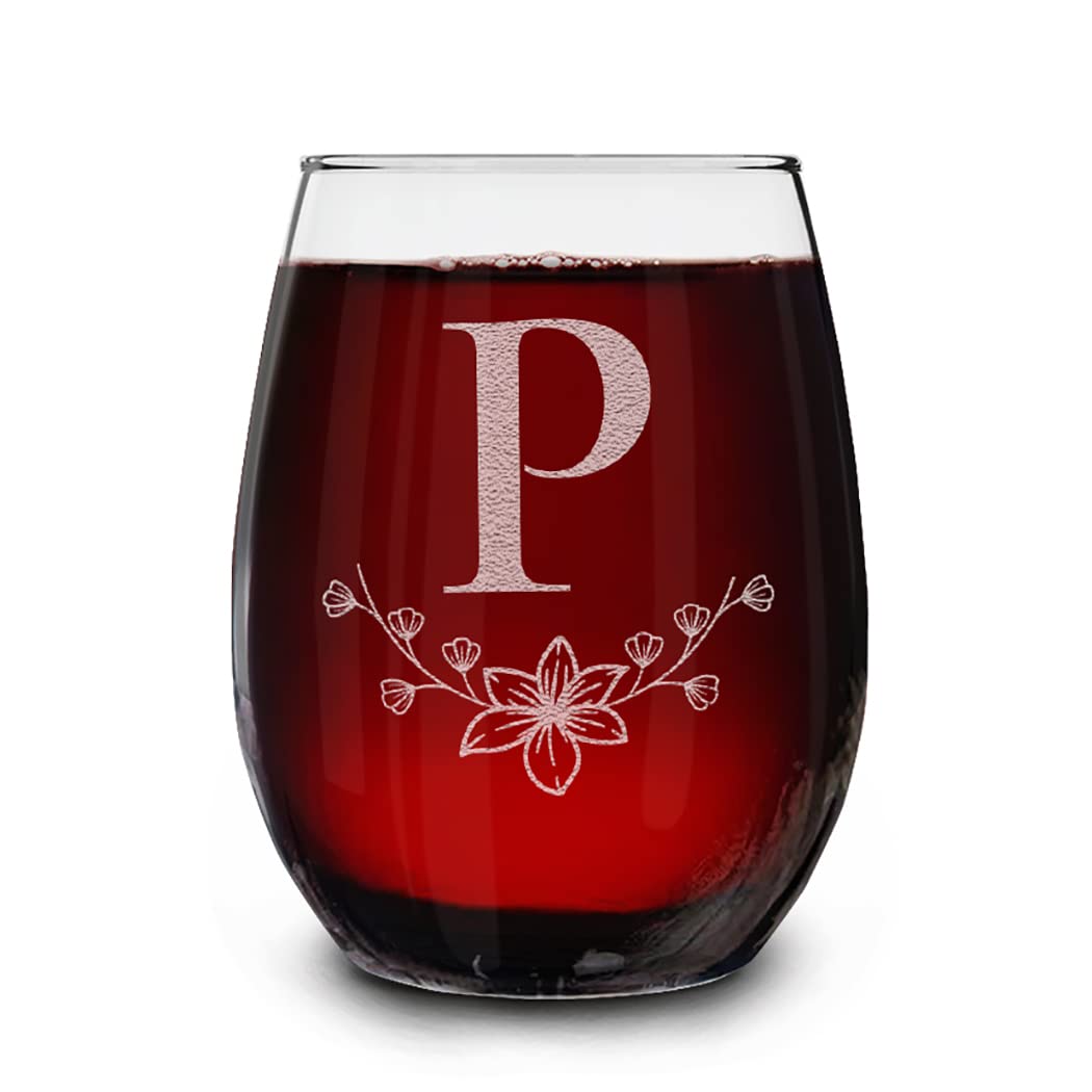 Floral Monogram Engraved Initial Letter Stemless Wine Glass 15 oz.