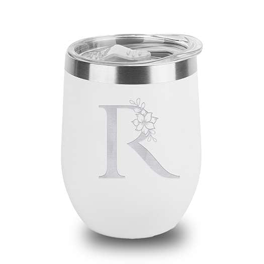 Floral Monogram Letter Initial Engraved Insulated Stainless Steel Wine Tumbler with Lid 12 oz.