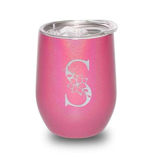 Dazzling Pink Sparkle Floral Monogram Tumbler – 12oz Personalized Initial Engraved Wine Cup