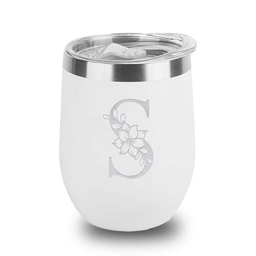 Floral Monogram Letter Initial Engraved Insulated Stainless Steel Wine Tumbler with Lid 12 oz.