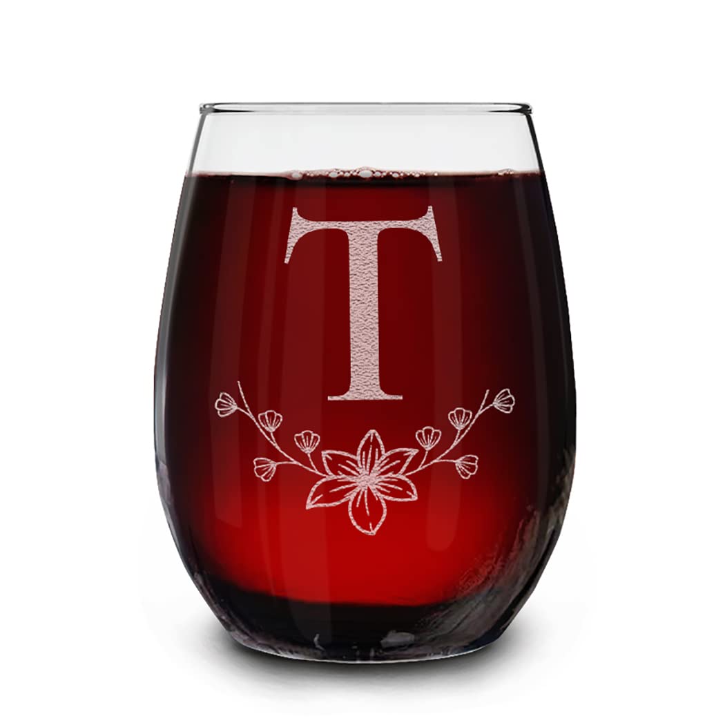 Floral Monogram Engraved Initial Letter Stemless Wine Glass 15 oz.