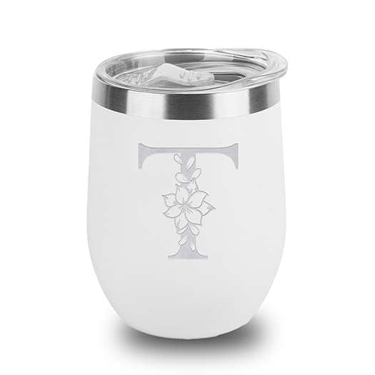 Floral Monogram Letter Initial Engraved Insulated Stainless Steel Wine Tumbler with Lid 12 oz.