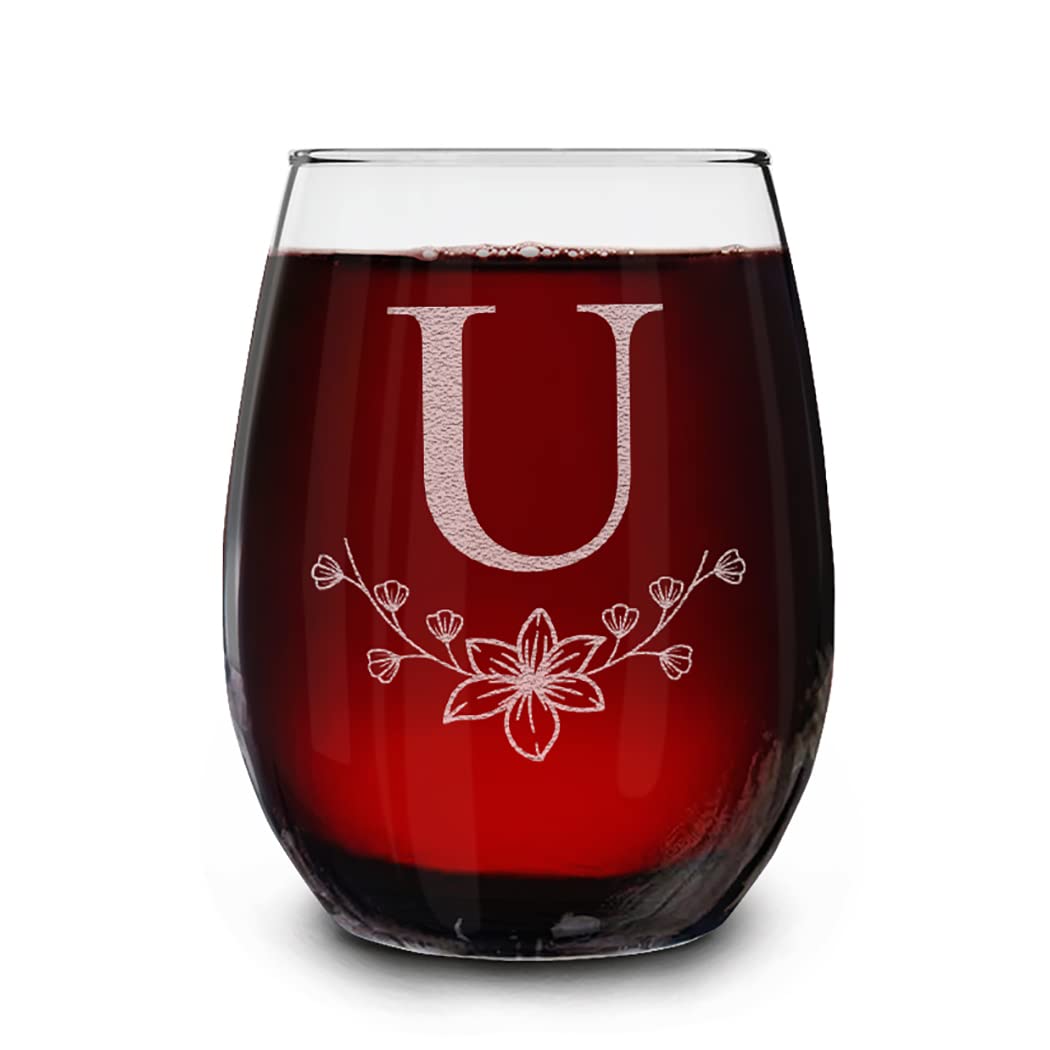 Floral Monogram Engraved Initial Letter Stemless Wine Glass 15 oz.