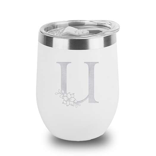 Floral Monogram Letter Initial Engraved Insulated Stainless Steel Wine Tumbler with Lid 12 oz.