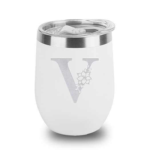Floral Monogram Letter Initial Engraved Insulated Stainless Steel Wine Tumbler with Lid 12 oz.