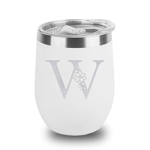 Floral Monogram Letter Initial Engraved Insulated Stainless Steel Wine Tumbler with Lid 12 oz.