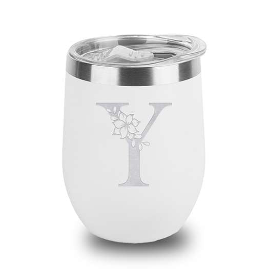 Floral Monogram Letter Initial Engraved Insulated Stainless Steel Wine Tumbler with Lid 12 oz.