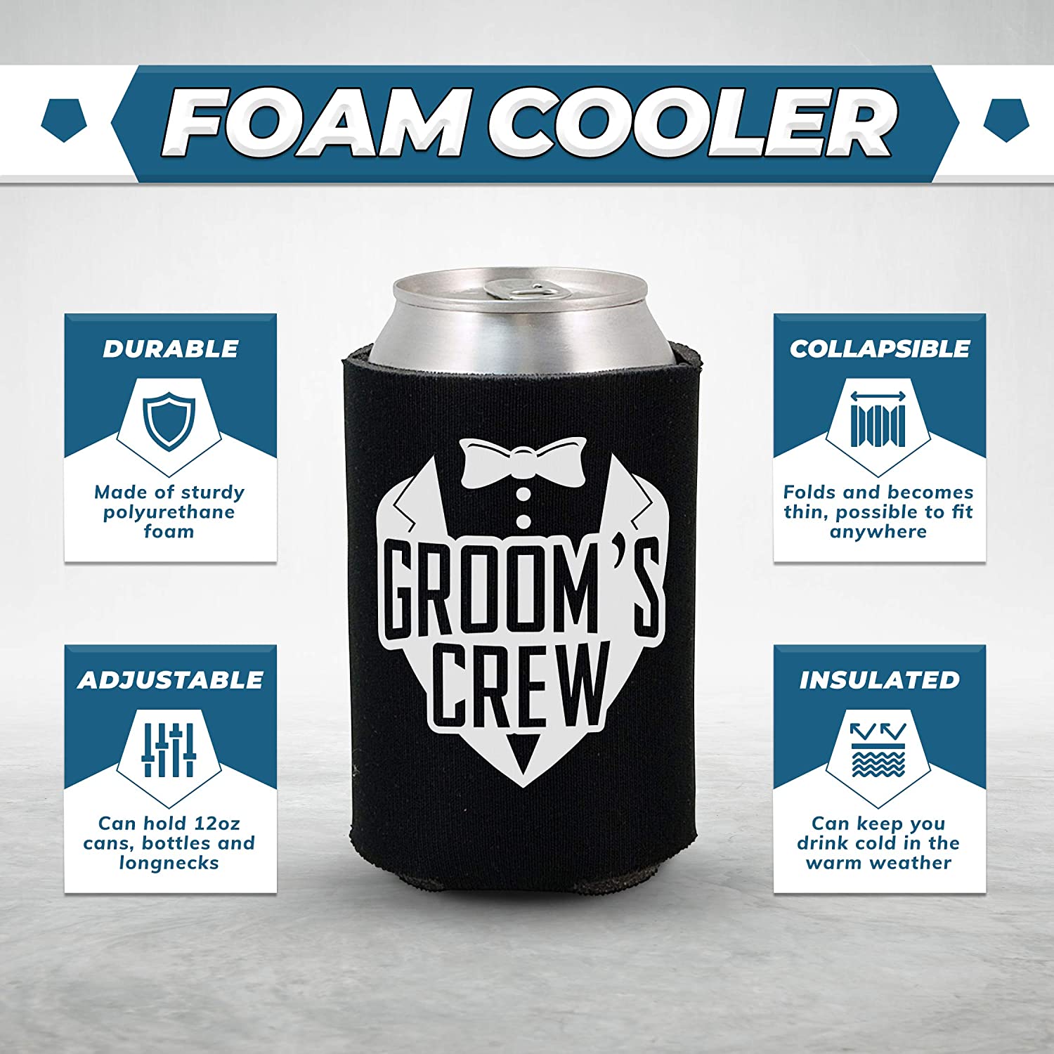 The Groom Tuxedo and Groom’s Crew Tuxedo Can Coolie, Insulating Sleeve Holder for Beverage Cups