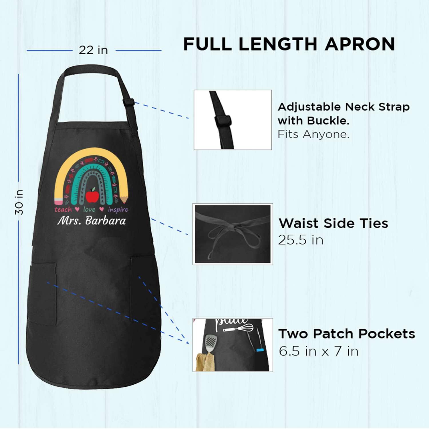 Custom Personalized Teacher Teach Love Inspire Rainbow Apron.