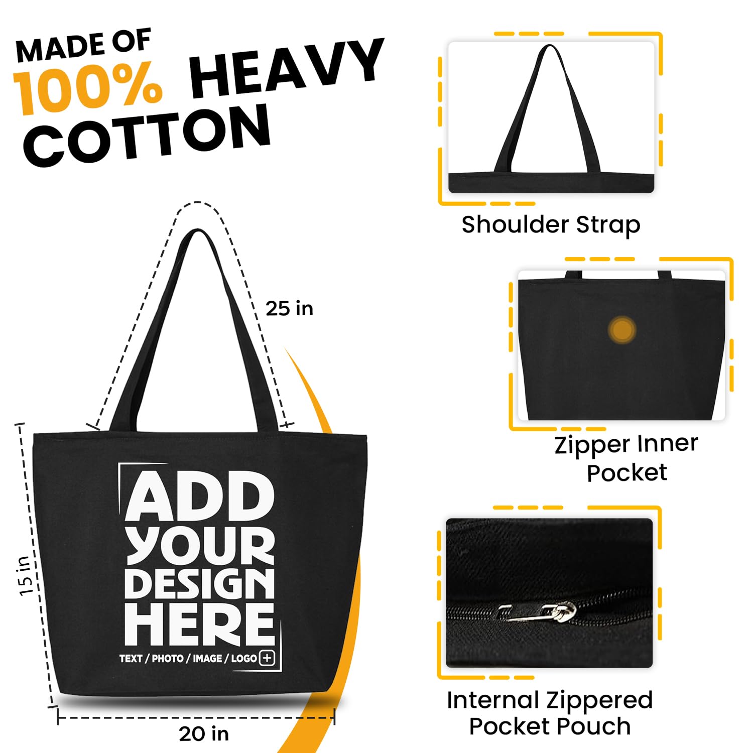 Custom Personalized Design Your Own Heavy Canvas Tote with Zipper Reusable Shopping Bag
