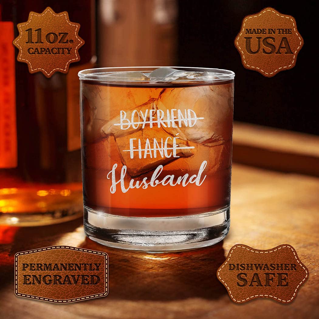 Boyfriend Fiance Husband Girlfriend Fiancee Wife Couples Gift Set Engraved Whiskey Glass and Stemless Wine Glass