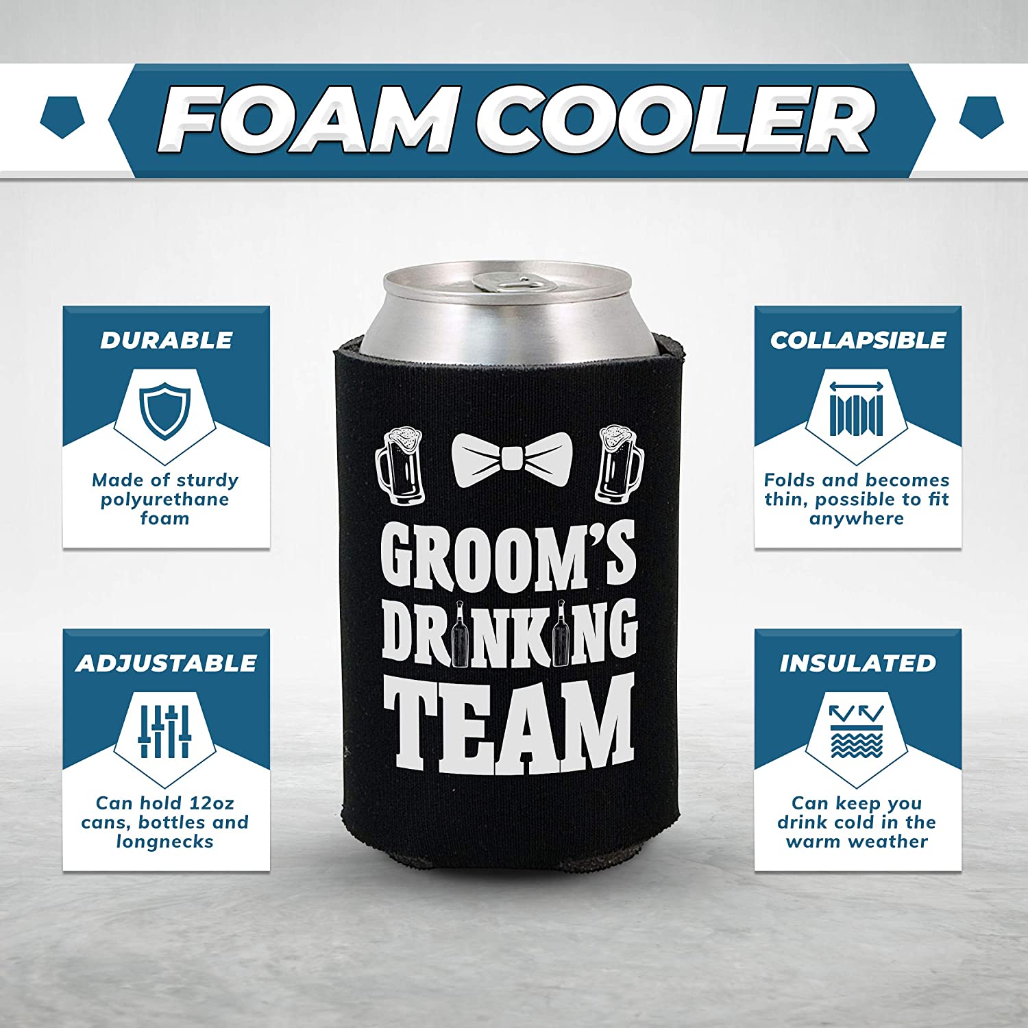 Groom Bow Tie and Groom’s Drinking Team Bow Tie Beer Mug Can Coolie, Insulating Sleeve Holder for Beverage Cups