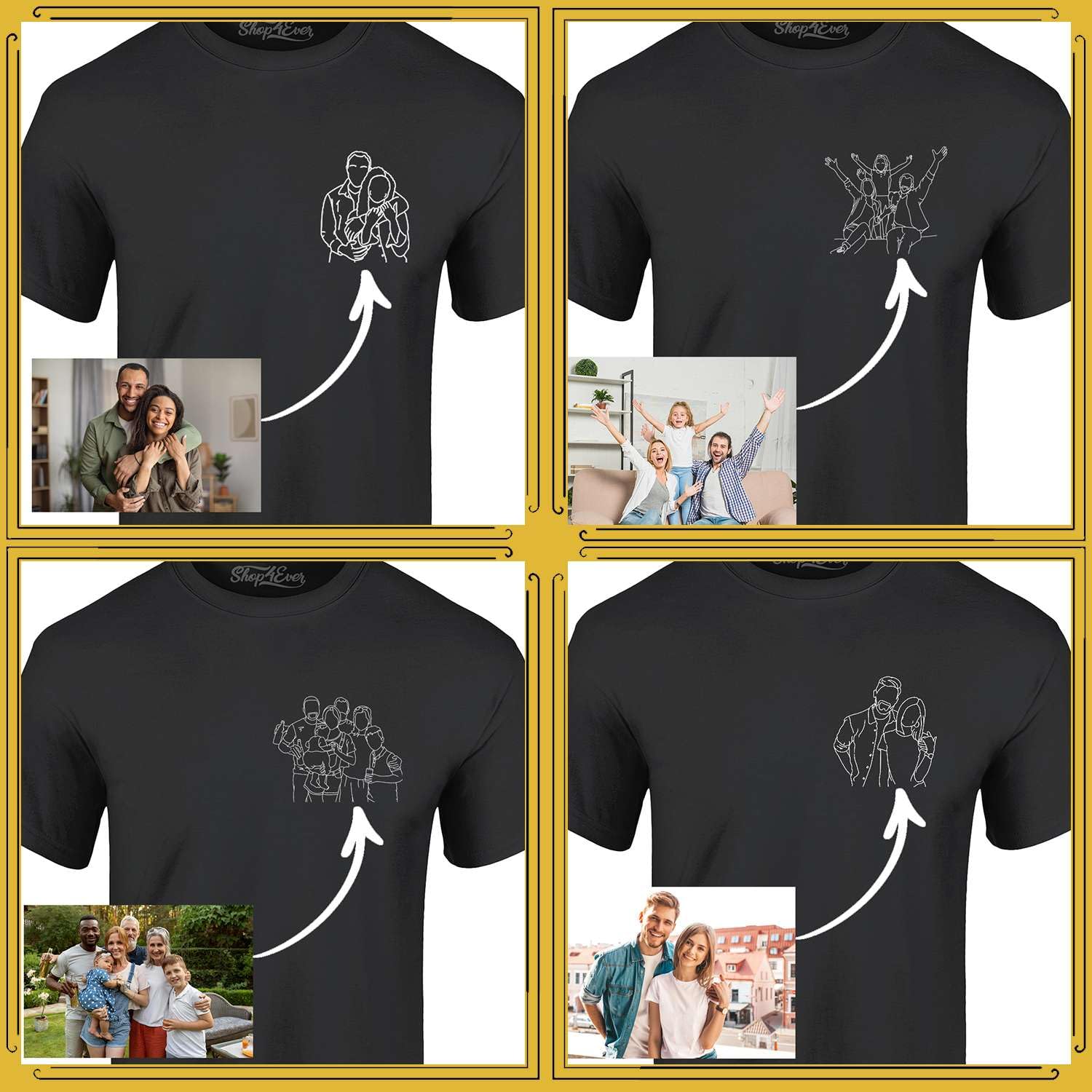 Custom Personalized Couples or Family Photo to Minimal Outline Sketch Art Men T-Shirt
